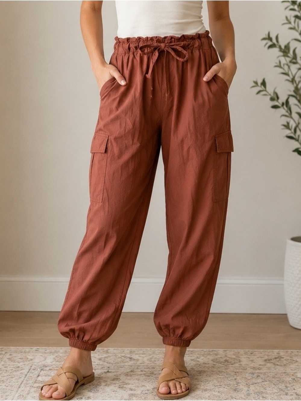 Sim & Sam XL Rust Brown Cotton Cargo Jogger Pants Paperbag Waist